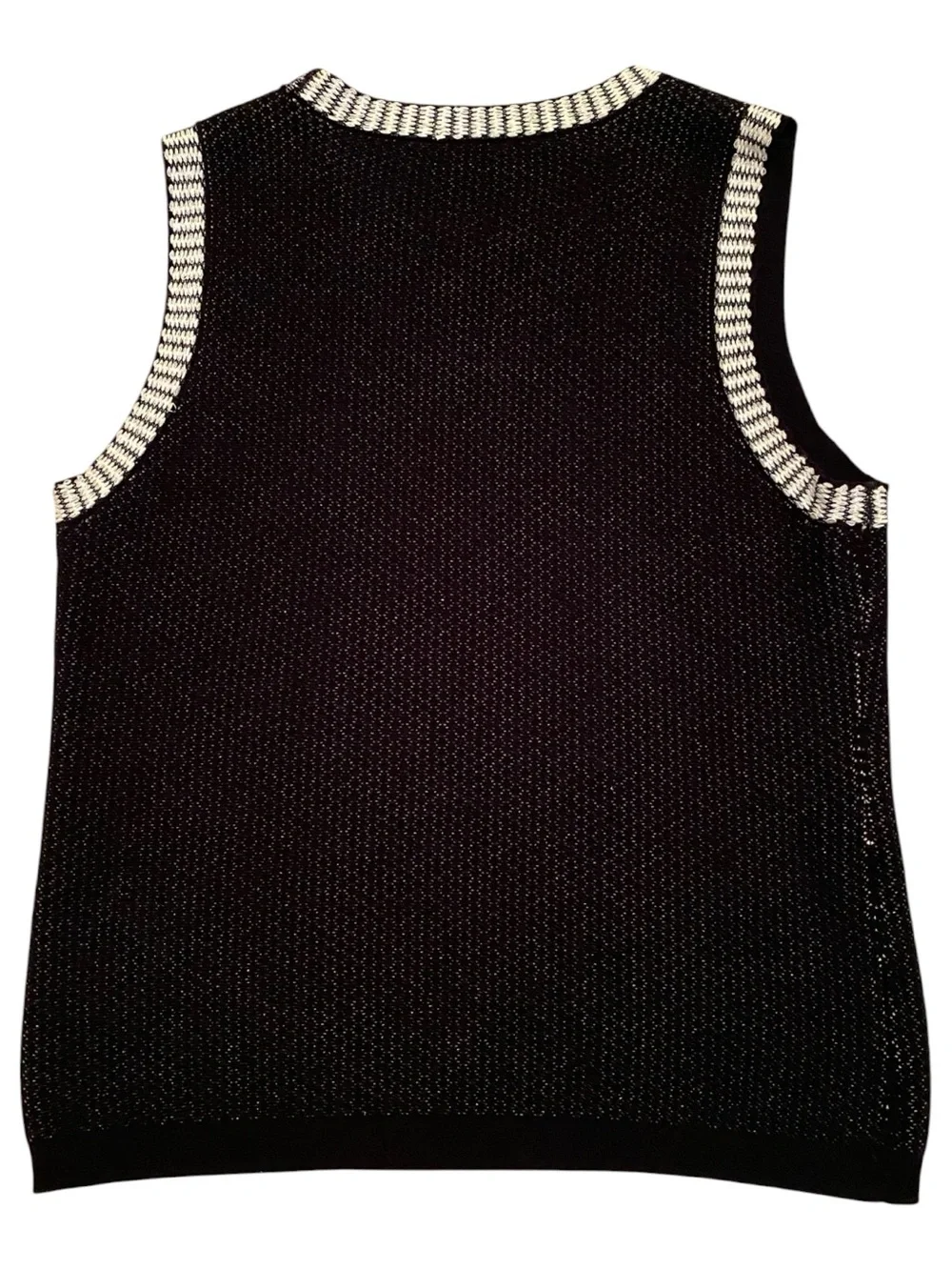Women’s Black Sleeveless Sweater with Cream Lining around Neck and Shoulders - Picture 3 of 6